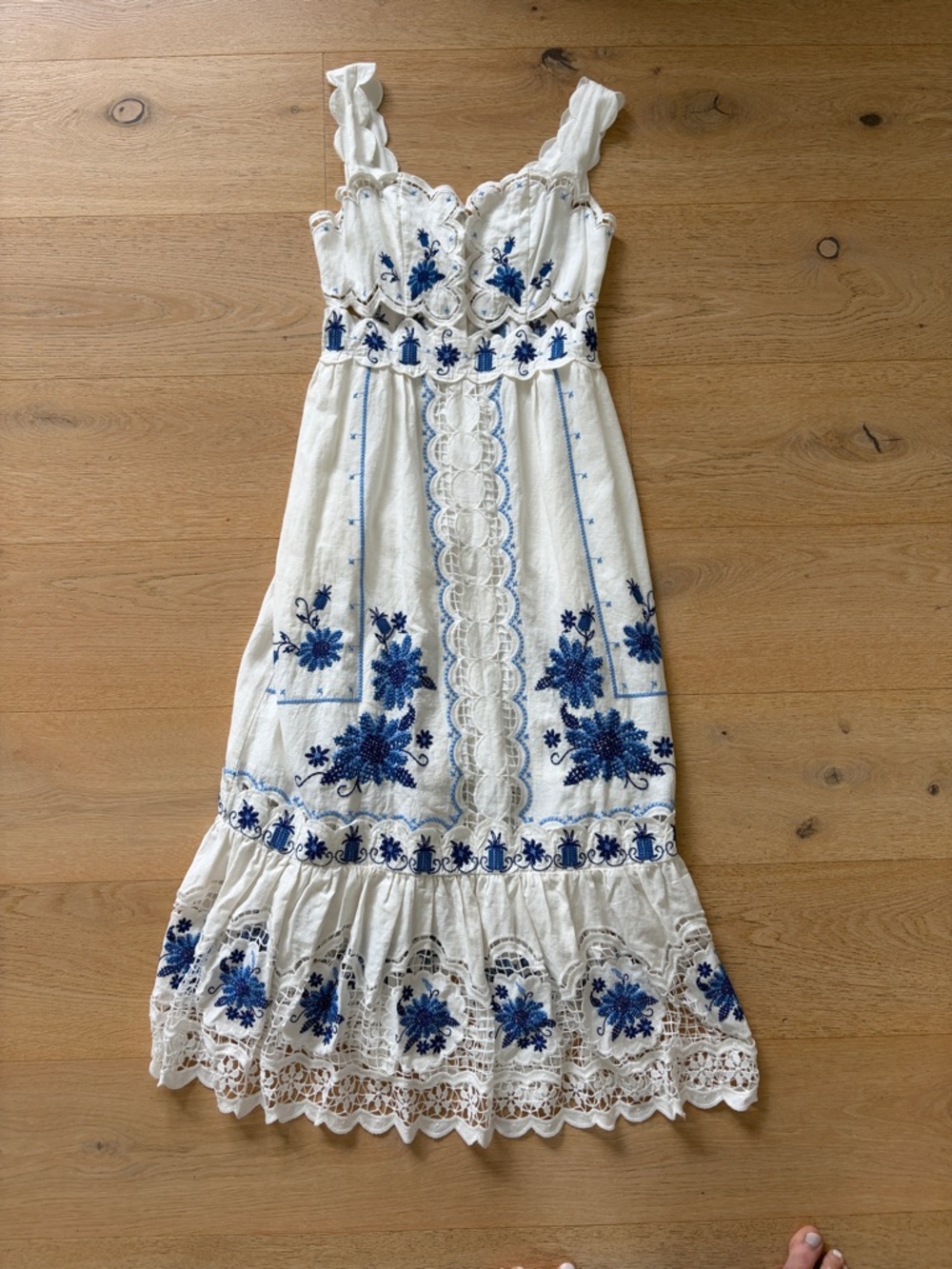 FARM Rio White Dress with Blue Floral Embroidery